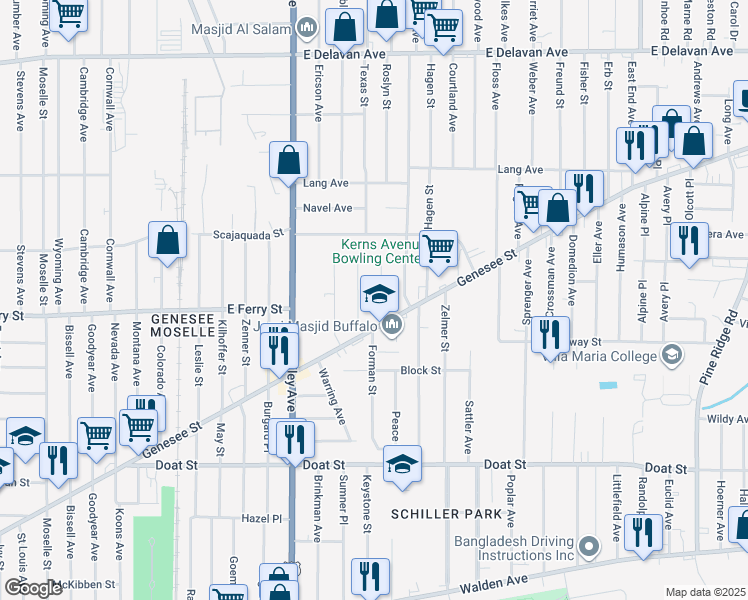 map of restaurants, bars, coffee shops, grocery stores, and more near 26 Roslyn Street in Buffalo