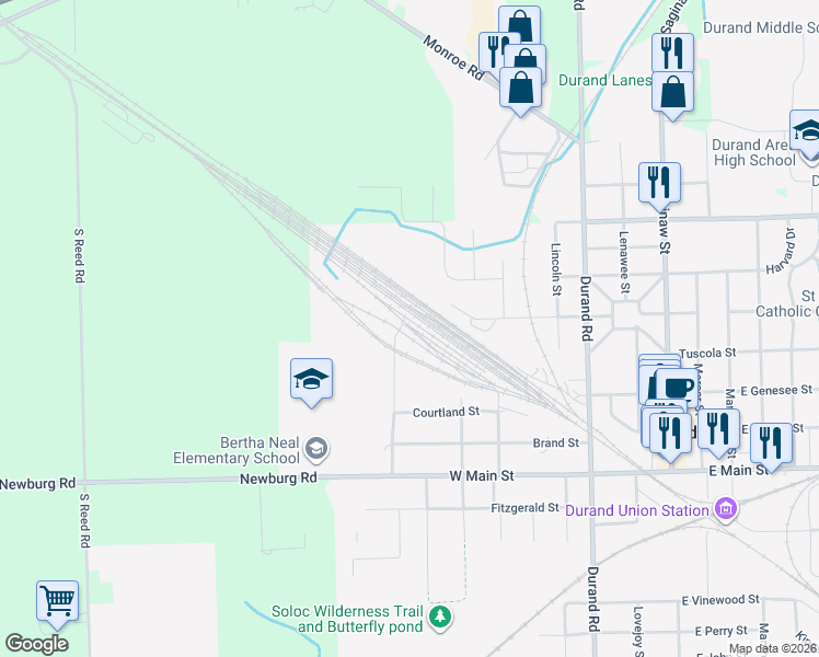 map of restaurants, bars, coffee shops, grocery stores, and more near Brookfield Street in Durand