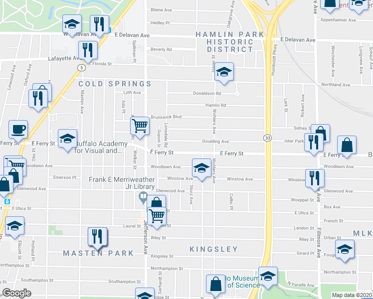 map of restaurants, bars, coffee shops, grocery stores, and more near 376 East Ferry Street in Buffalo
