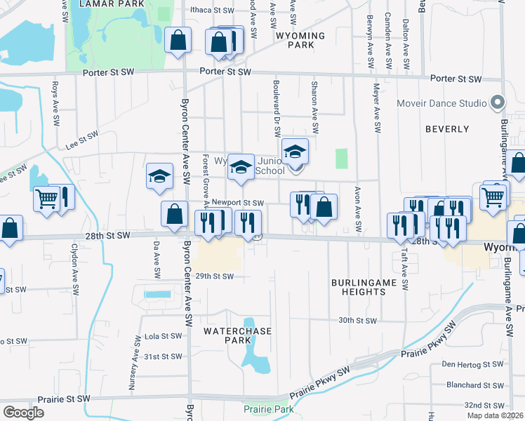 map of restaurants, bars, coffee shops, grocery stores, and more near 2703 Hazelwood Avenue Southwest in Wyoming