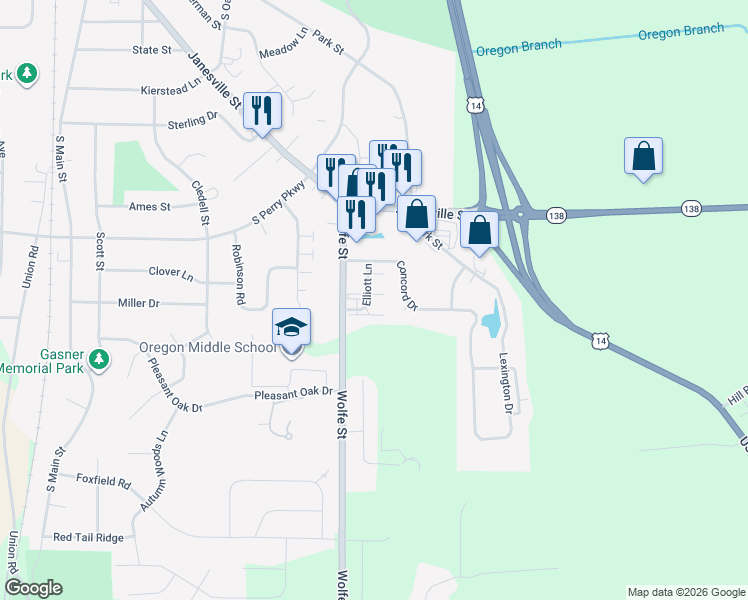 map of restaurants, bars, coffee shops, grocery stores, and more near 196 Elliott Lane in Oregon