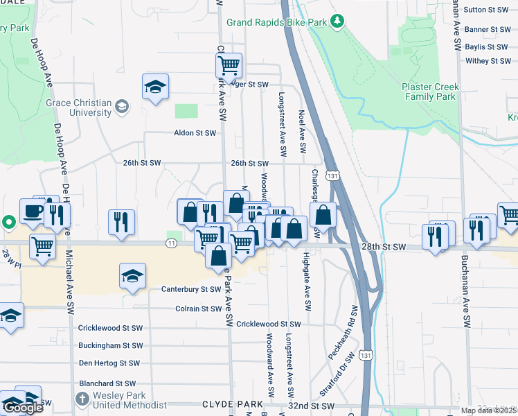 map of restaurants, bars, coffee shops, grocery stores, and more near 2727 Woodward Avenue Southwest in Wyoming