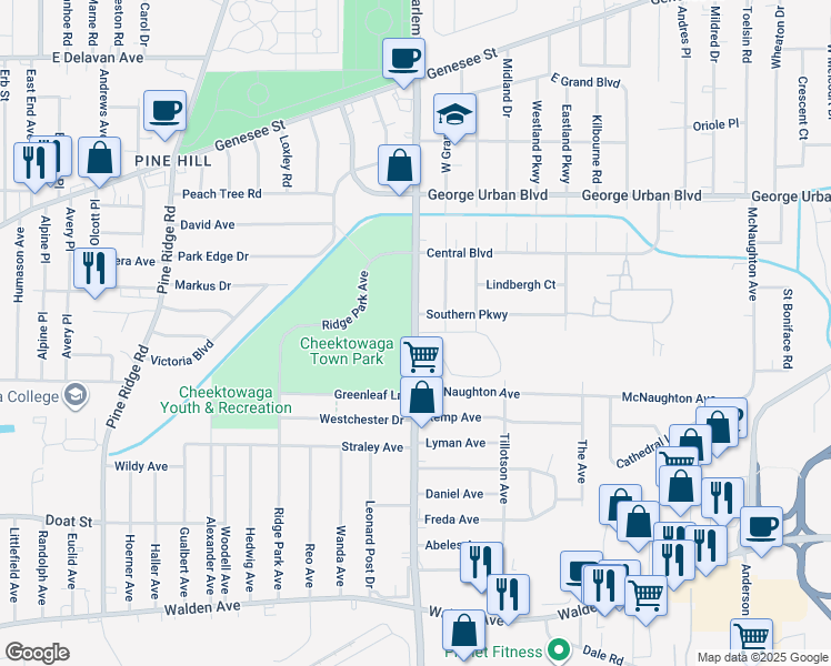 map of restaurants, bars, coffee shops, grocery stores, and more near 2619 Harlem Road in Cheektowaga