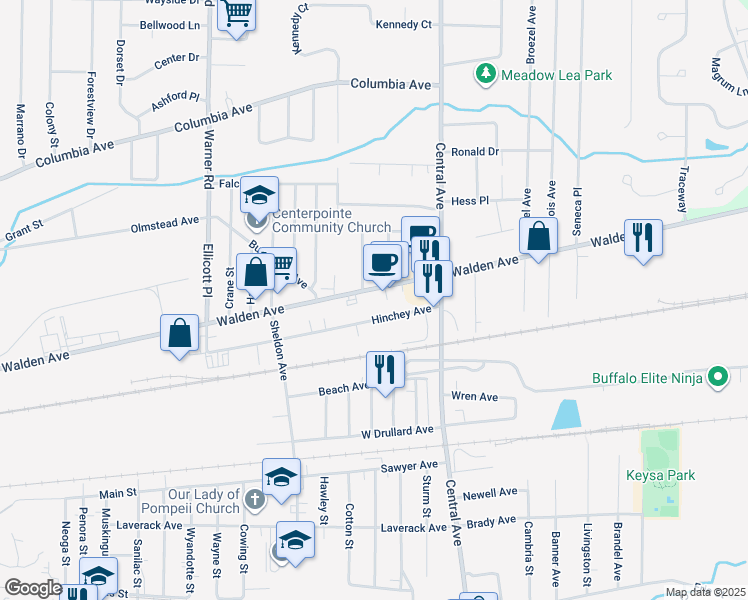map of restaurants, bars, coffee shops, grocery stores, and more near 3563 Walden Avenue in Lancaster