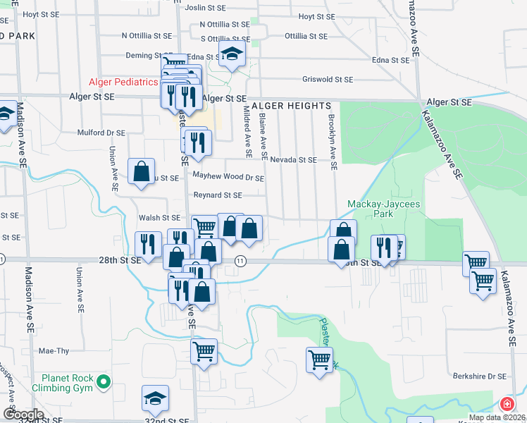 map of restaurants, bars, coffee shops, grocery stores, and more near 947 Walsh Street Southeast in Grand Rapids