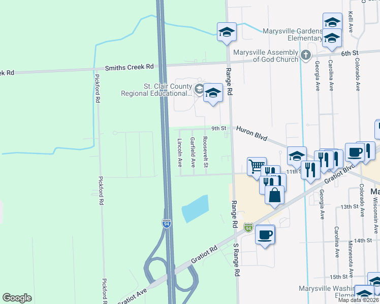 map of restaurants, bars, coffee shops, grocery stores, and more near 316 Garfield Avenue in Smiths Creek