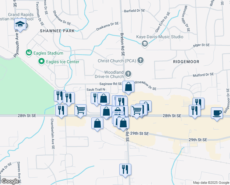 map of restaurants, bars, coffee shops, grocery stores, and more near 2613 Highland View Drive Southeast in Grand Rapids