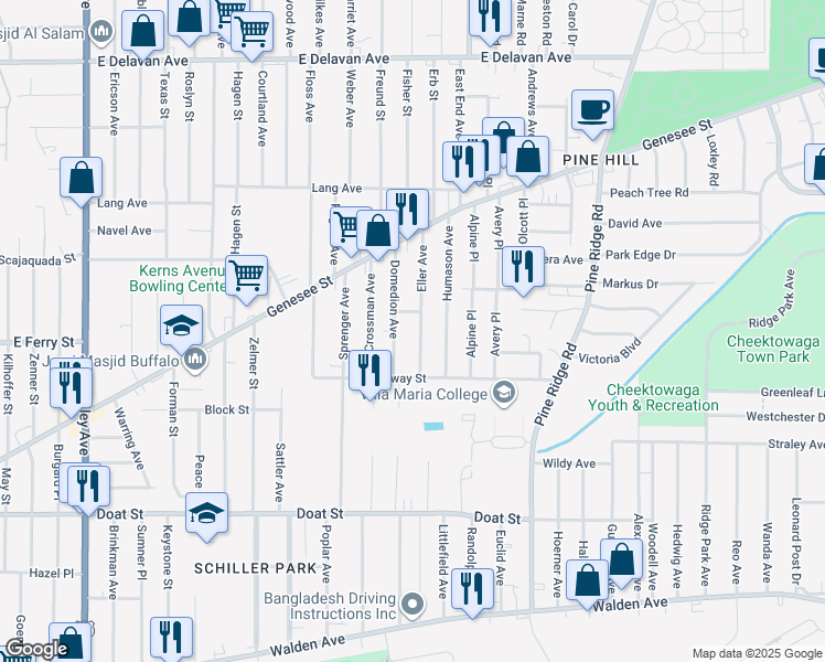 map of restaurants, bars, coffee shops, grocery stores, and more near 48 Eller Ave in Buffalo