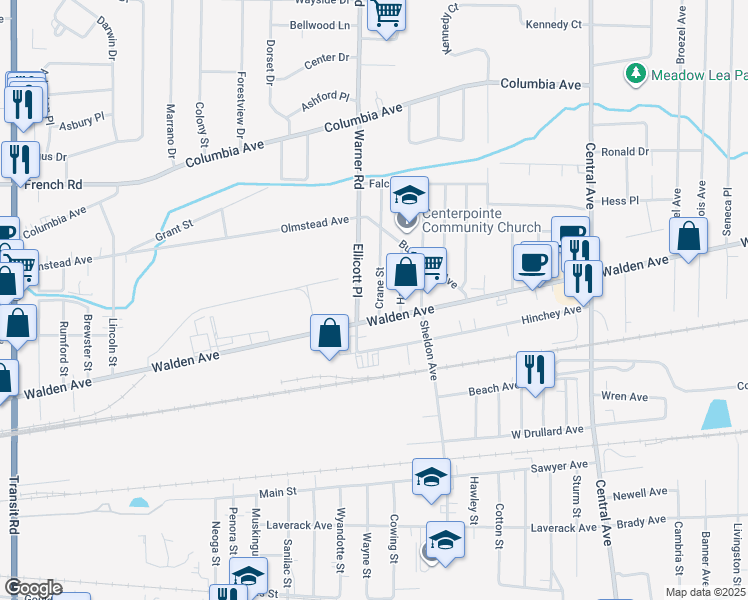 map of restaurants, bars, coffee shops, grocery stores, and more near 18 Crane Street in Depew