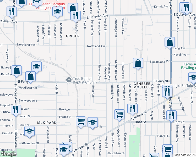map of restaurants, bars, coffee shops, grocery stores, and more near 16 Stevens Avenue in Buffalo