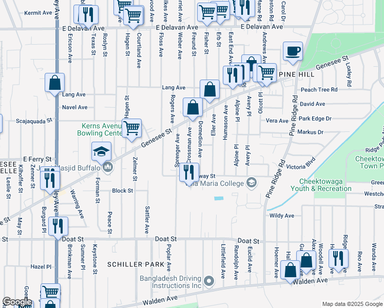 map of restaurants, bars, coffee shops, grocery stores, and more near 47 Crossman Ave in Buffalo