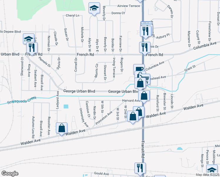 map of restaurants, bars, coffee shops, grocery stores, and more near 3032 George Urban Blvd in Depew