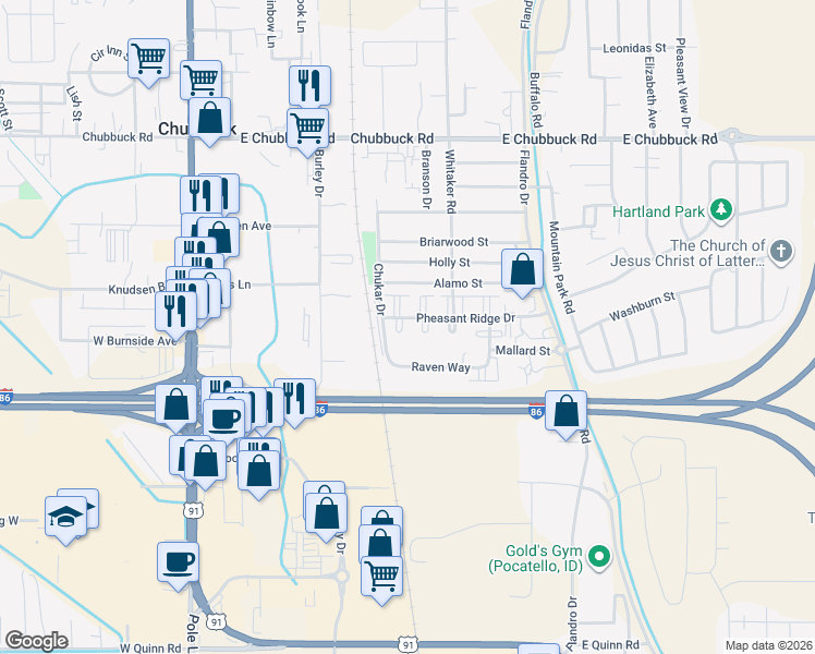 map of restaurants, bars, coffee shops, grocery stores, and more near 439 Pheasant Ridge Drive in Pocatello
