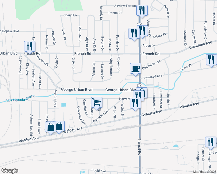 map of restaurants, bars, coffee shops, grocery stores, and more near 3032 George Urban Boulevard in Depew