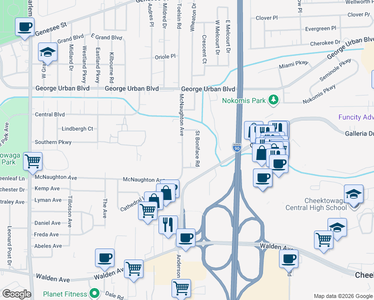 map of restaurants, bars, coffee shops, grocery stores, and more near 313 McNaughton Avenue in Buffalo