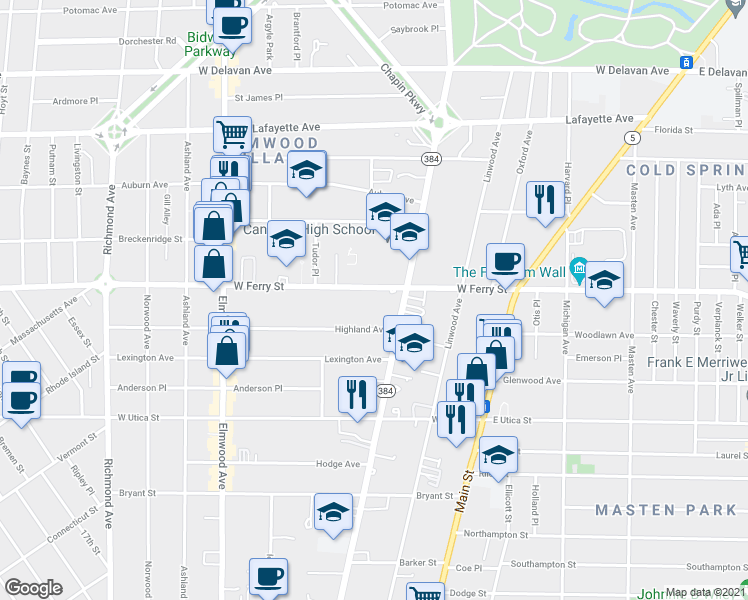 map of restaurants, bars, coffee shops, grocery stores, and more near 1140 Delaware Avenue in Buffalo