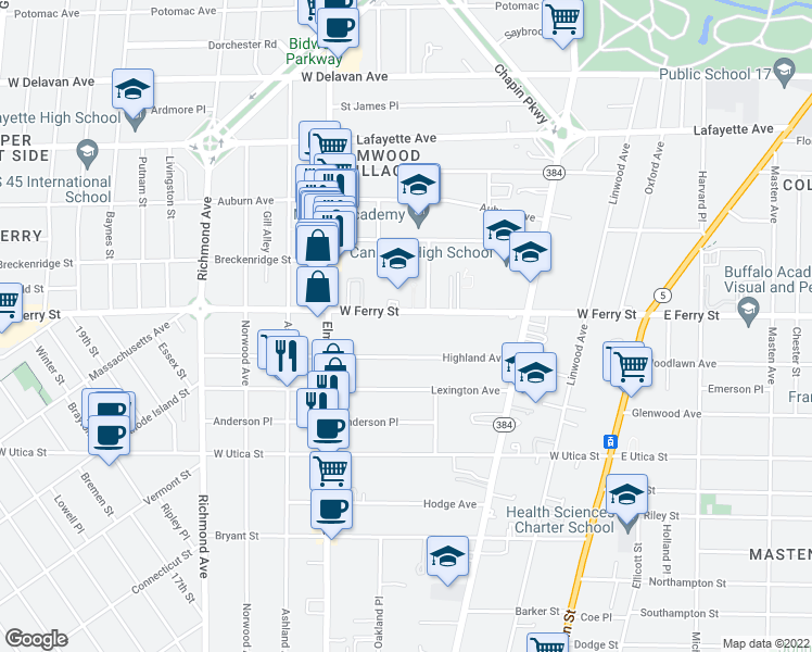 map of restaurants, bars, coffee shops, grocery stores, and more near in Buffalo