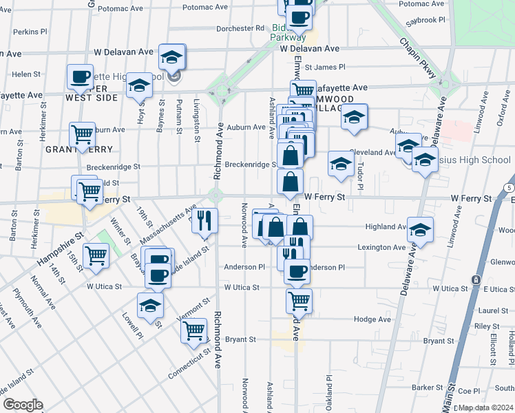 map of restaurants, bars, coffee shops, grocery stores, and more near 366 Ashland Avenue in Buffalo