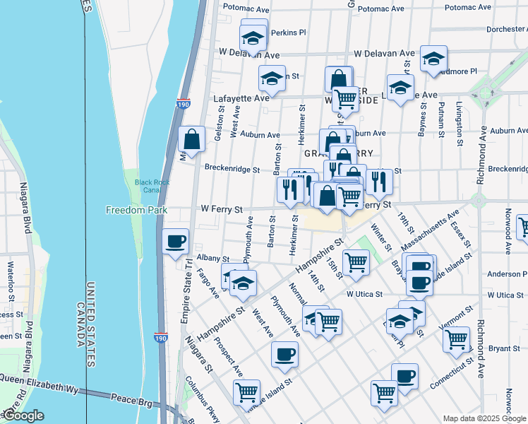 map of restaurants, bars, coffee shops, grocery stores, and more near 167 West Ferry Street in Buffalo