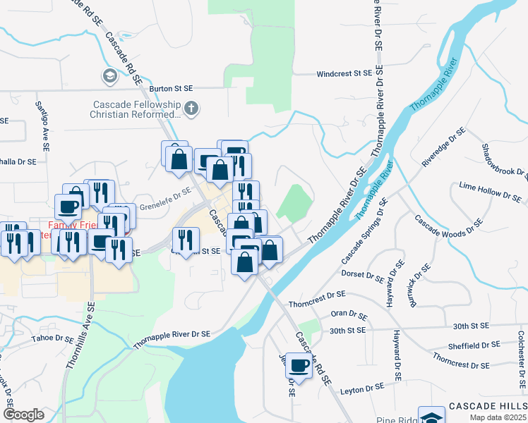 map of restaurants, bars, coffee shops, grocery stores, and more near 6881 Old Village Court Southeast in Grand Rapids