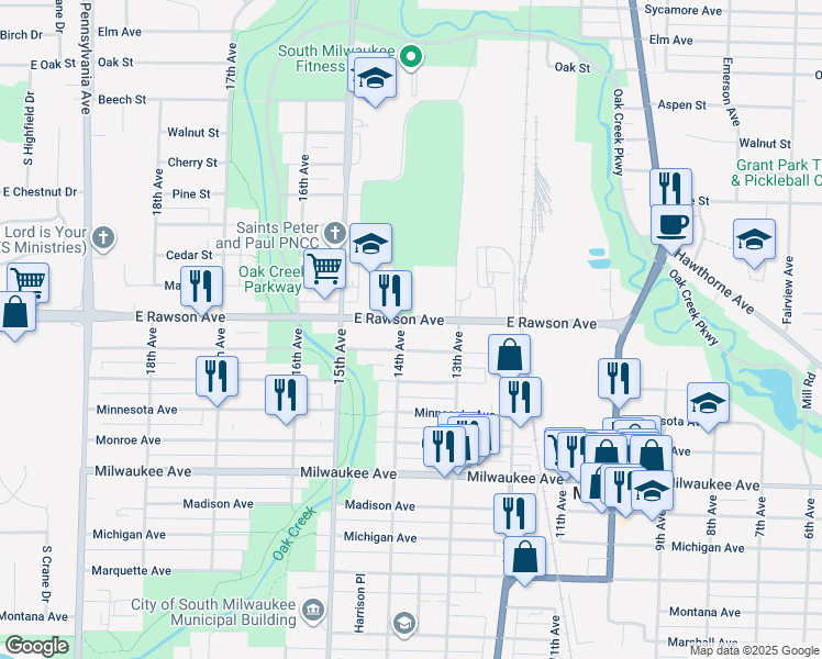 map of restaurants, bars, coffee shops, grocery stores, and more near 1327 Rawson Avenue in South Milwaukee