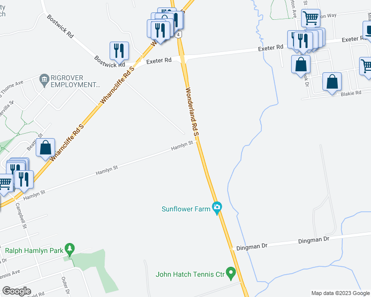 map of restaurants, bars, coffee shops, grocery stores, and more near 6019 Hamlyn Street in London