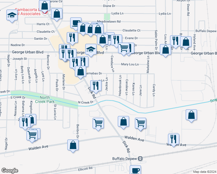 map of restaurants, bars, coffee shops, grocery stores, and more near 25 Jackie Ln in Depew