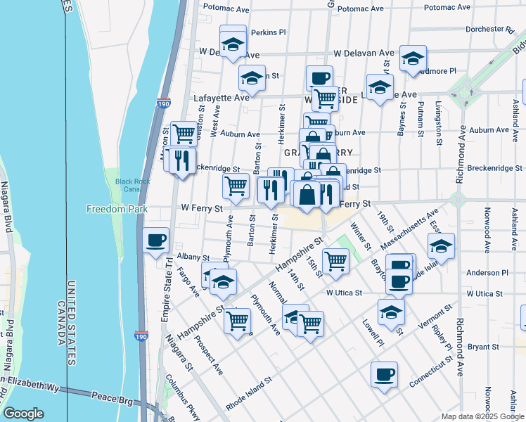 map of restaurants, bars, coffee shops, grocery stores, and more near 209 West Ferry Street in Buffalo