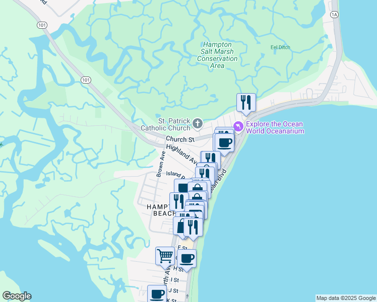 map of restaurants, bars, coffee shops, grocery stores, and more near 44 Highland Avenue in Hampton