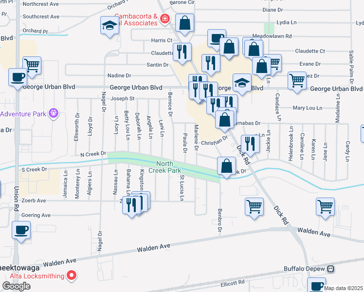 map of restaurants, bars, coffee shops, grocery stores, and more near 38 Paula Drive in Cheektowaga