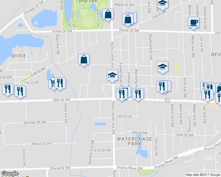 map of restaurants, bars, coffee shops, grocery stores, and more near 2715 Byron Center Avenue Southwest in Wyoming