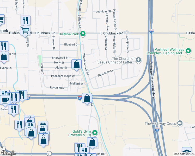 map of restaurants, bars, coffee shops, grocery stores, and more near 4490 Leatherman Street in Pocatello
