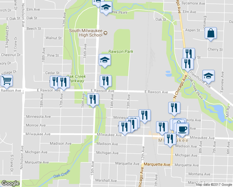 map of restaurants, bars, coffee shops, grocery stores, and more near 1327 Rawson Avenue in South Milwaukee