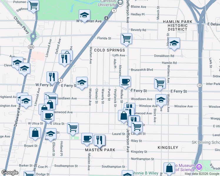map of restaurants, bars, coffee shops, grocery stores, and more near 207 E Ferry St in Buffalo