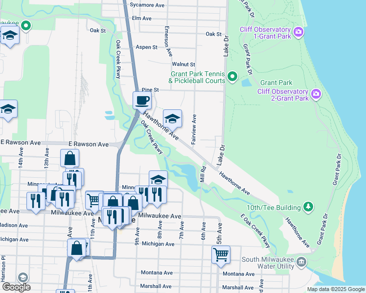 map of restaurants, bars, coffee shops, grocery stores, and more near 701 Hawthorne Avenue in South Milwaukee