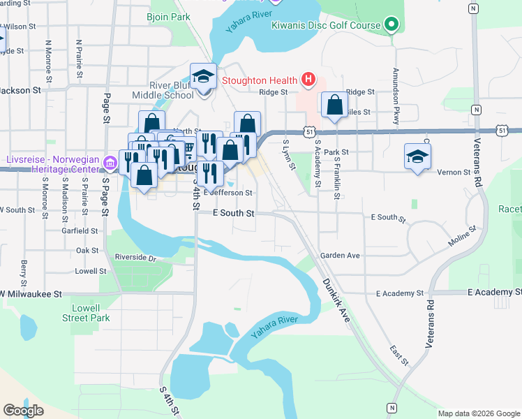 map of restaurants, bars, coffee shops, grocery stores, and more near 425 S 7th St in Stoughton