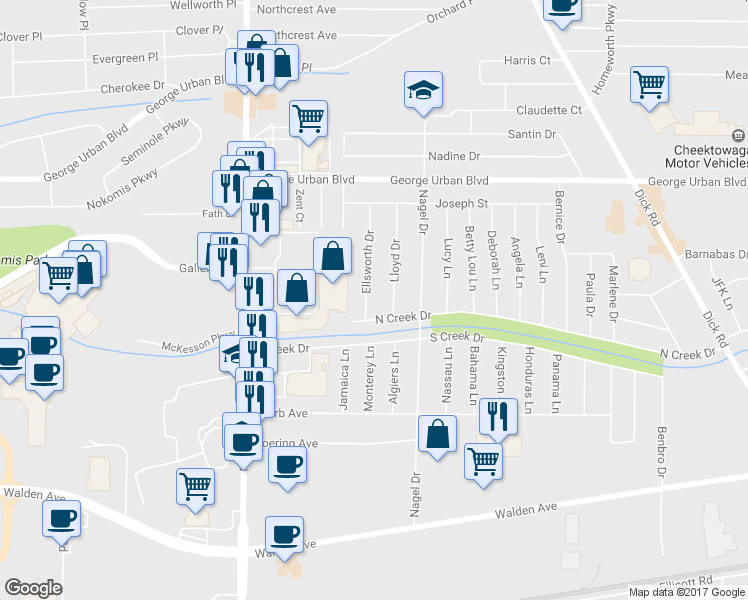 map of restaurants, bars, coffee shops, grocery stores, and more near 78 Ellsworth Drive in Buffalo