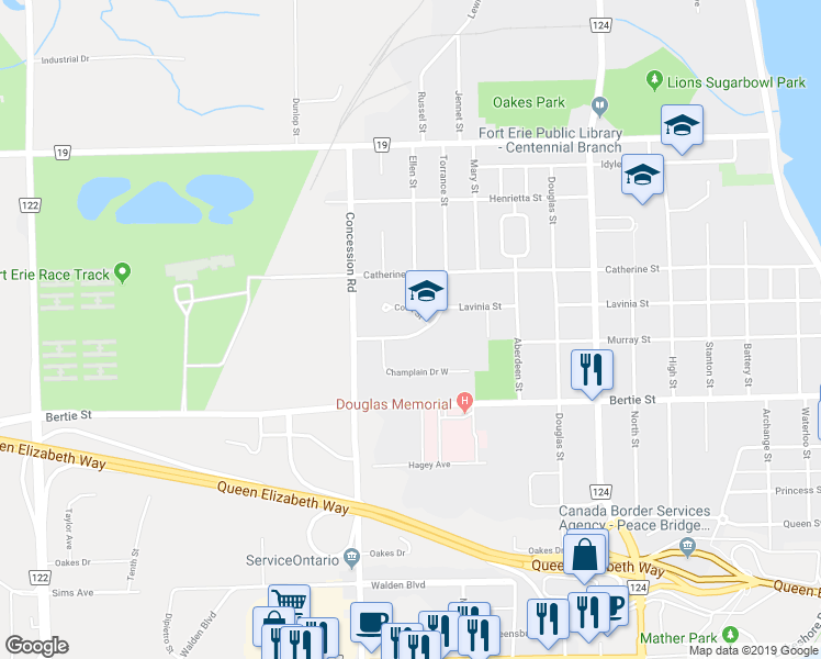 map of restaurants, bars, coffee shops, grocery stores, and more near 108 Torrance Street in Fort Erie