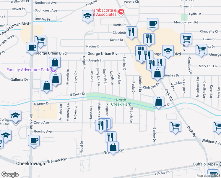 map of restaurants, bars, coffee shops, grocery stores, and more near 77 Angela Lane in Buffalo