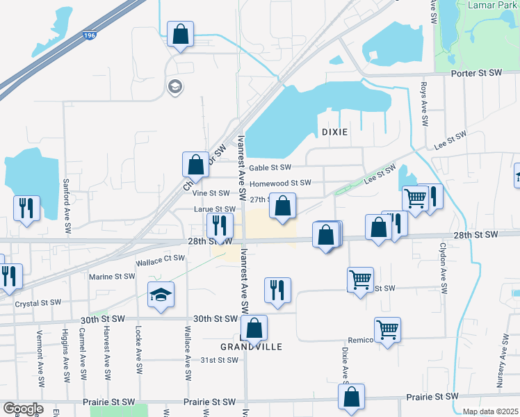 map of restaurants, bars, coffee shops, grocery stores, and more near 3162 27th Street Southwest in Grandville