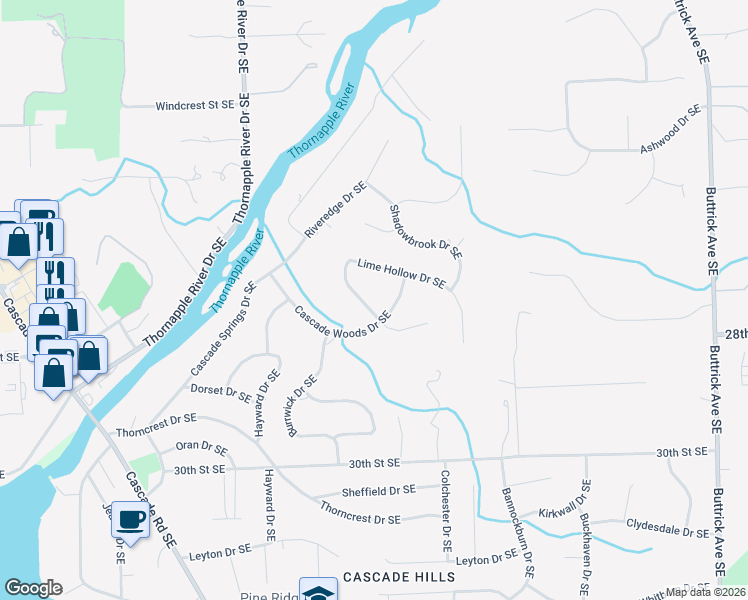 map of restaurants, bars, coffee shops, grocery stores, and more near 7401 Treeline Drive Southeast in Grand Rapids