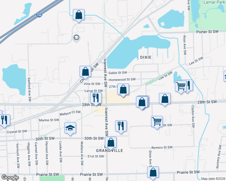 map of restaurants, bars, coffee shops, grocery stores, and more near 3162 27th Street Southwest in Grandville