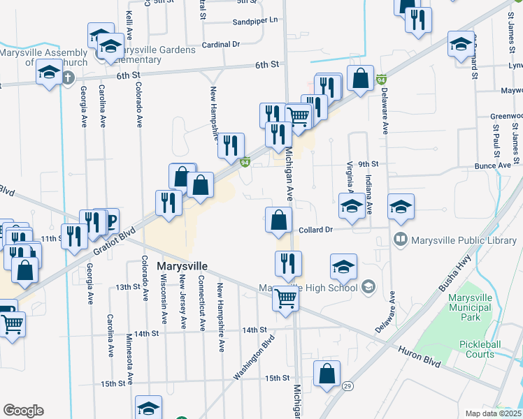 map of restaurants, bars, coffee shops, grocery stores, and more near 1100 New York Avenue in Marysville