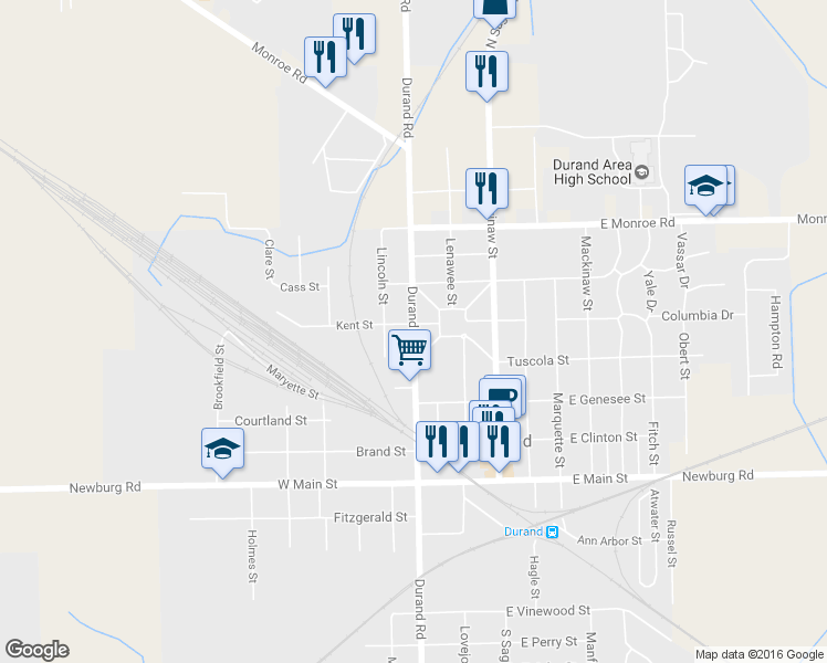 map of restaurants, bars, coffee shops, grocery stores, and more near 407 North Oak Street in Durand