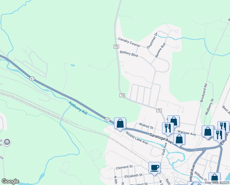map of restaurants, bars, coffee shops, grocery stores, and more near 42 County Road 75 in Mechanicville
