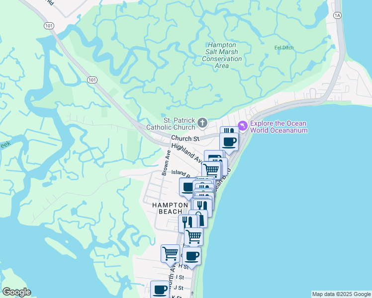 map of restaurants, bars, coffee shops, grocery stores, and more near 44 Highland Avenue in Hampton