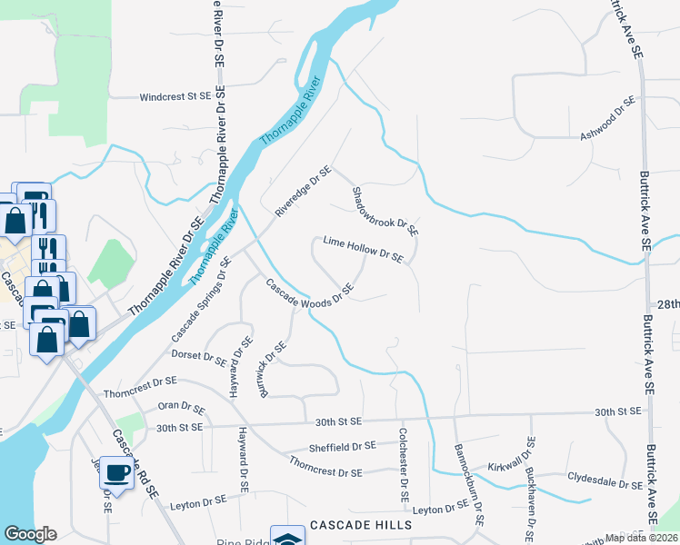 map of restaurants, bars, coffee shops, grocery stores, and more near 7401 Treeline Drive Southeast in Grand Rapids