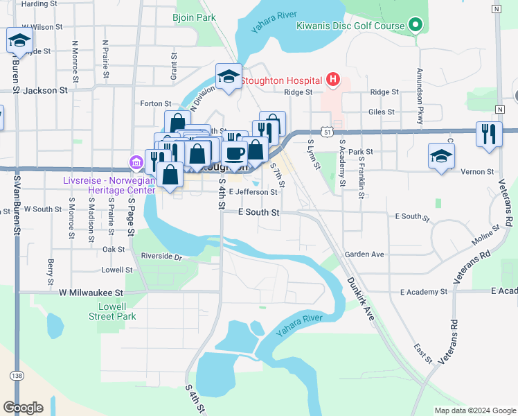 map of restaurants, bars, coffee shops, grocery stores, and more near 424 South 6th Street in Stoughton