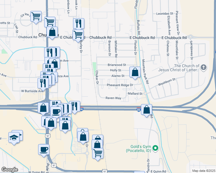 map of restaurants, bars, coffee shops, grocery stores, and more near 459 Pheasant Ridge Drive in Pocatello