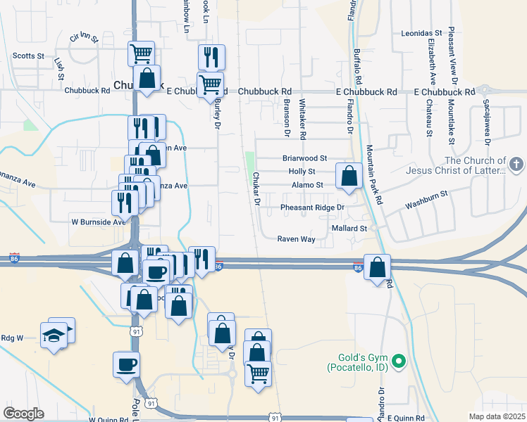 map of restaurants, bars, coffee shops, grocery stores, and more near 439 Pheasant Ridge Drive in Pocatello